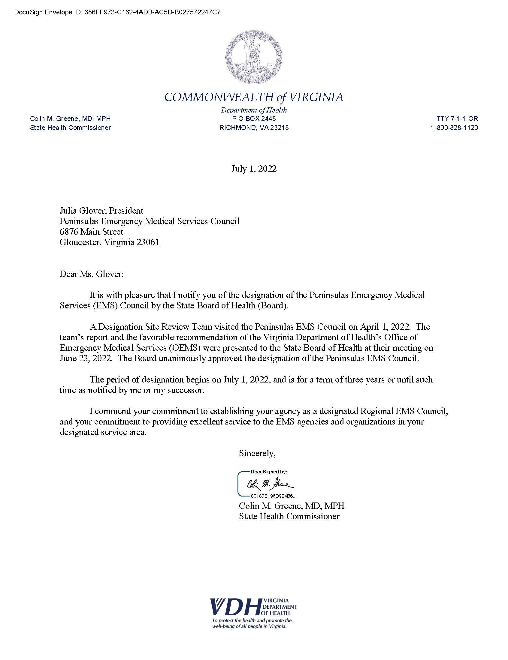 OEMS PEMS 2022 Regional EMS Council Designation Letter